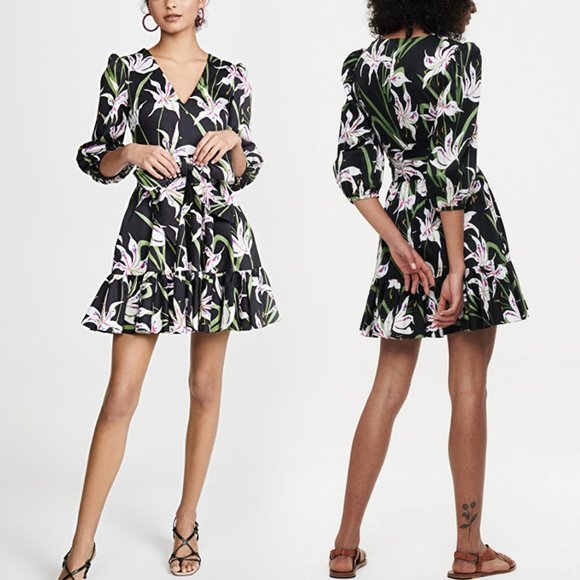 Borgo De Nor Anita Mini Dress Black Multicolor Lilly Print Ruffle Hem Belted 6 S - Picture 1 of 9